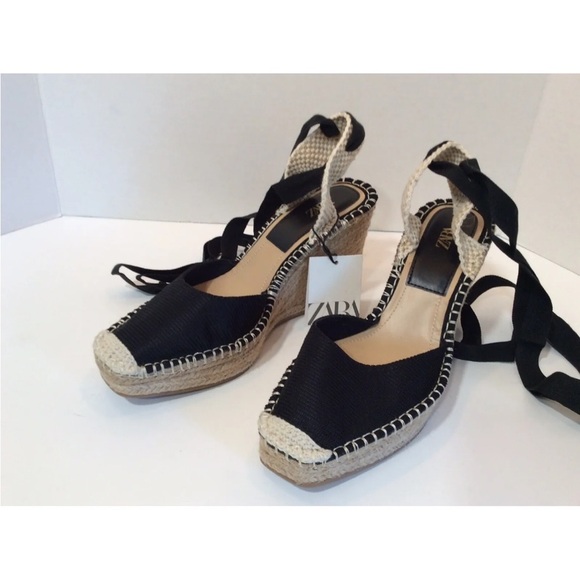 Zara Black Tied Raffia Espadrille Wedge Shoes NWT SZ 10 EU 41 - Picture 6 of 11